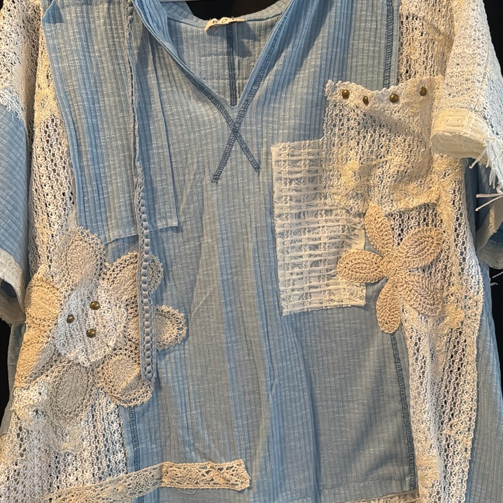 POL V-neck hoodie, relaxed fit top lace embroidered Various sizes BLUE - Picture 8 of 9